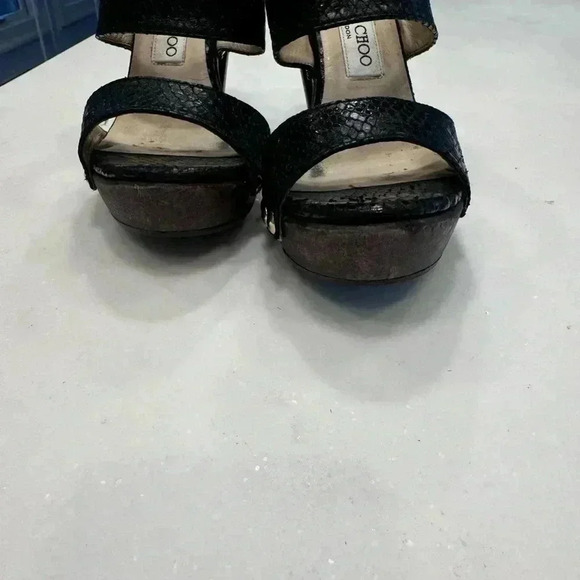 Jimmy Choo Ulrika Black Leather Snakeskin Wood Sandals High Heel Size EU 38 US 8 - Picture 9 of 12